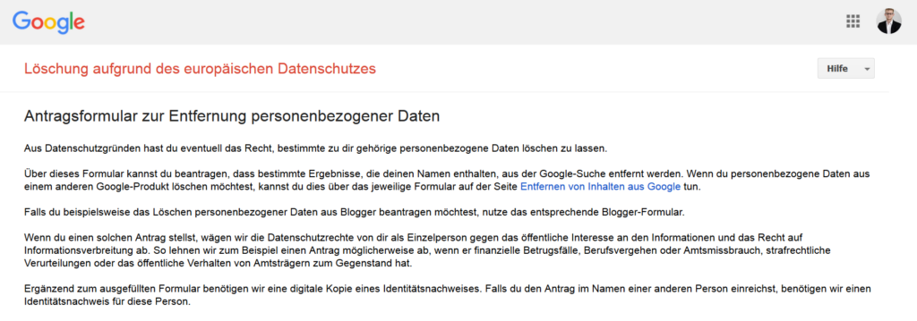 Screenshot: Google bietet ein Formular zur Löschung personenbezogener Daten an.