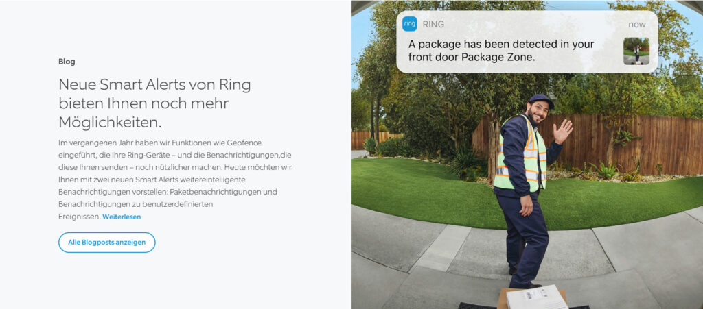 Ring-Werbung: Der fröhliche Paketbote winkt in die Kamera. 
