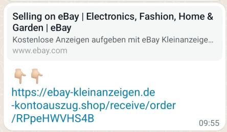 Link zur vermeintlichen Bestätigung der Zahlungsdaten - Er führt nicht zur Webseite von eBay Kleinanziegen.