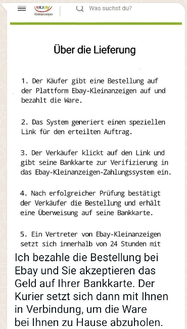 Ein bei WhatsApp verbreiteter Screenshot einer gefälschten Ebay-Kleinanzeigen-Webseite. Zu lesen ist der angebliche Ablauf einer Lieferung.