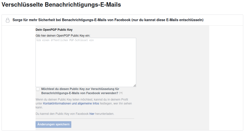 Screenshot der Einstellungen von Facebook, auf der verschlüsselte Benachrichtigungs-E-Mails eingeschaltet werden können.