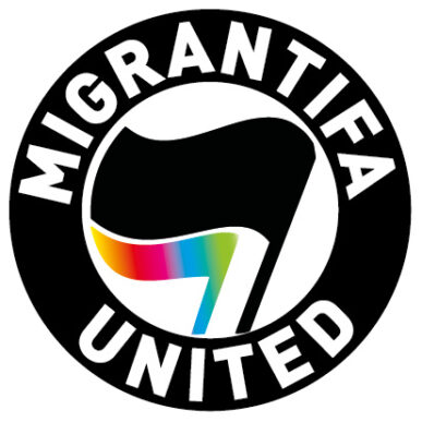 Migrantifa als Emblem mit Flaggen.