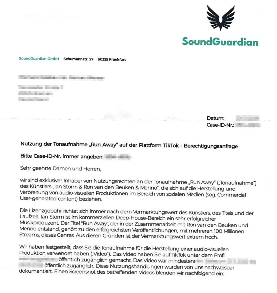 SoundGuardian Abmahnung Schreiben Beispiel TikTok