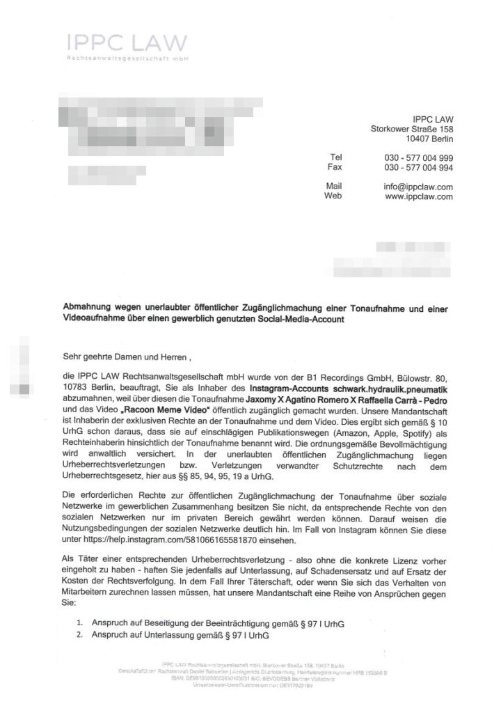 Abmahnschreiben der IPPC LAW Rechtsanwaltsgesellschaft mbH wegen unerlaubter Nutzung der Tonaufnahme „Jaxomy x Agatino Romero x Raffaella Carrà – Pedro" auf einem gewerblichen Instagram-Account