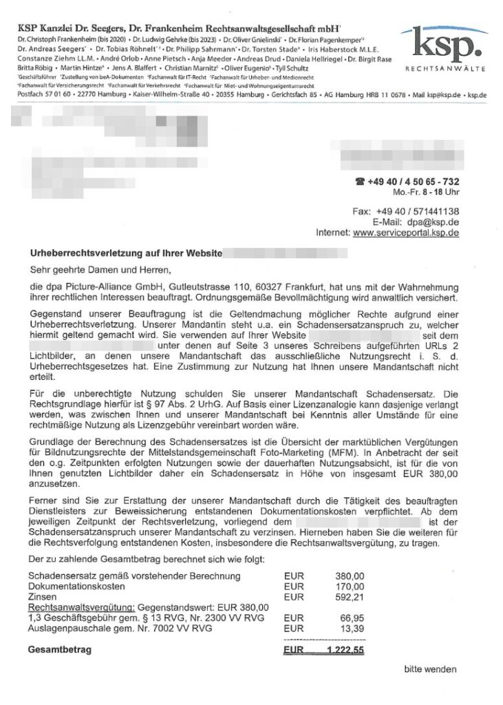 Beispiel eines KSP-Schreibens wegen Urheberrechtsverletzung mit Forderungsaufstellung: Schadensersatz 380 €, Dokumentationskosten 170 €, Zinsen 592,21 €, Gesamtbetrag 1.222,55 €